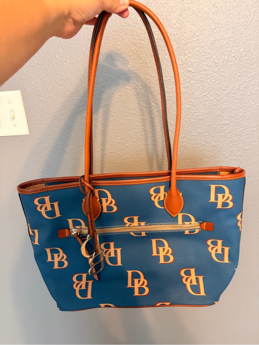 Dooney & Bourke Pattern Blue Tote with Tan Trim